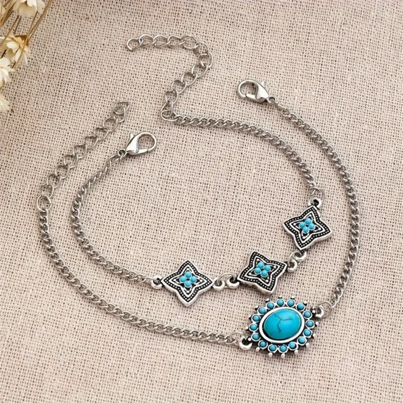 New Bohemian Silver Vintage Retro Design Flower Turquoise Bangle Bracelet - Picture 4 of 5